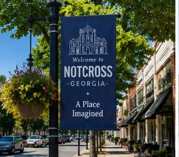 A Notcross lamppost banner above a downtown sidewalk