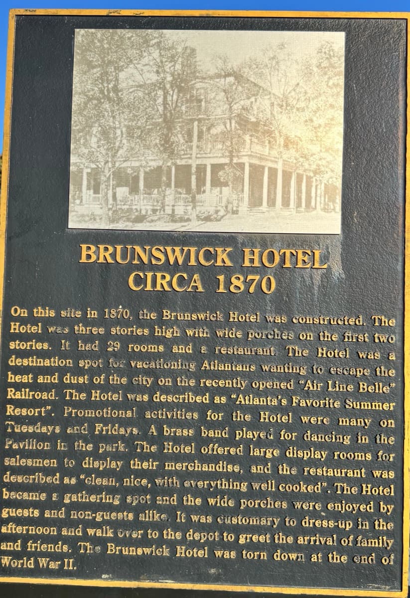 The Brunswick Hotel historic marker, describing the 1870 building and its demolition after the Second World War