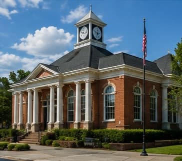 A restored brick civic building with a white clock tower