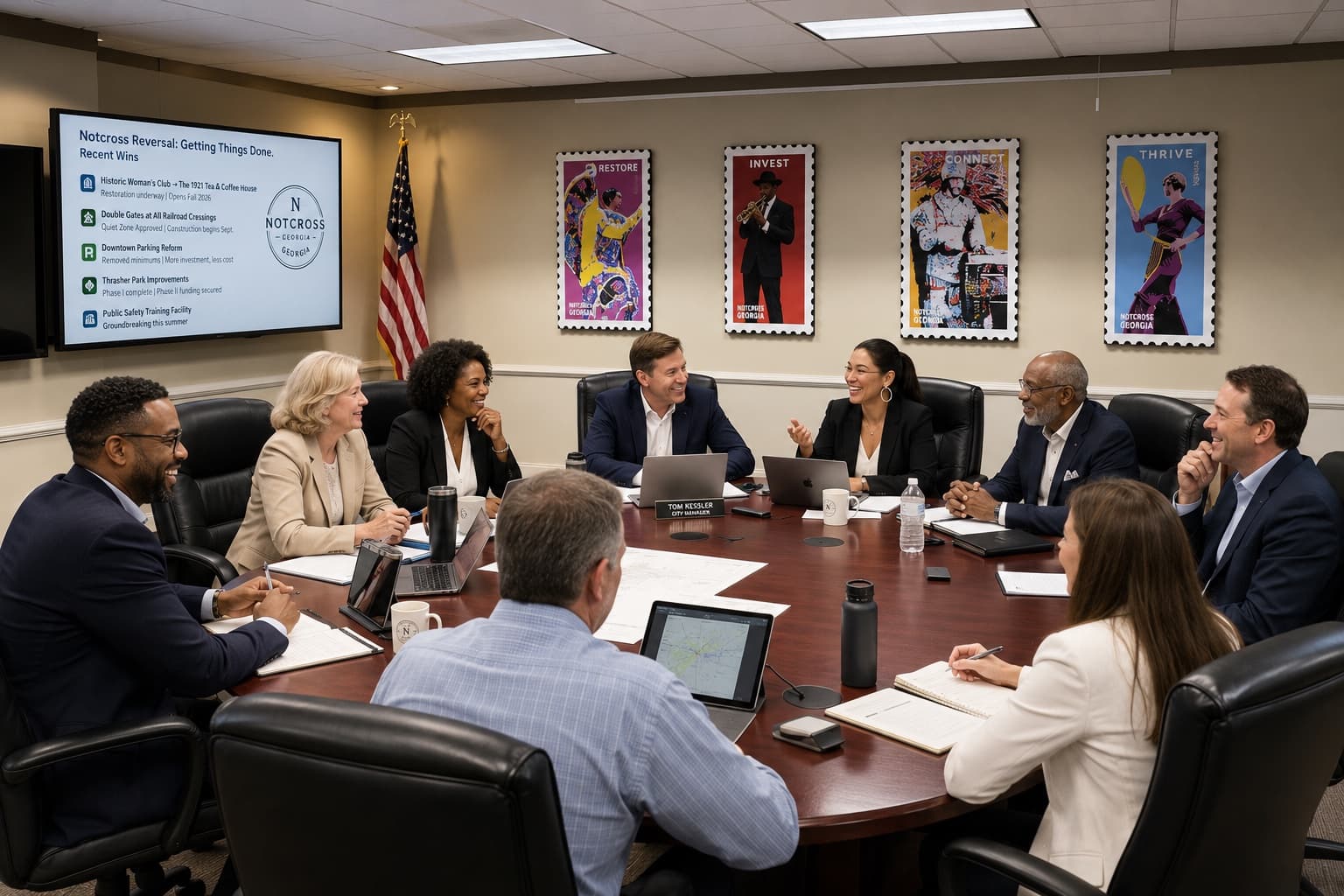 Notcross council members and staff around the conference table during the Monday policy work session, a Notcross Reversal slide on the screen behind them