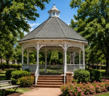 The gazebo and flower beds at a Notcross park on a summer afternoon