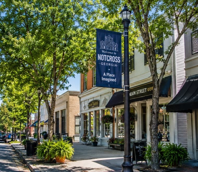 A lamppost banner on a downtown Notcross street reading Welcome to Notcross, Georgia — A Place Imagined