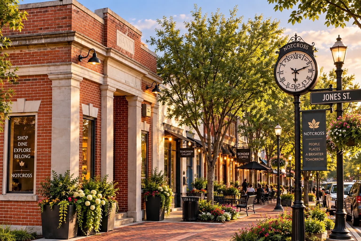 The Notcross street clock on the S Peachtree corner, shopfronts running down the block behind it