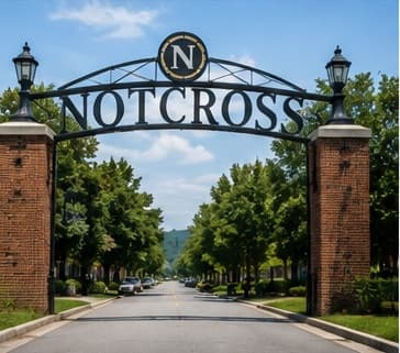 The iron Notcross entrance arch over a tree-lined street