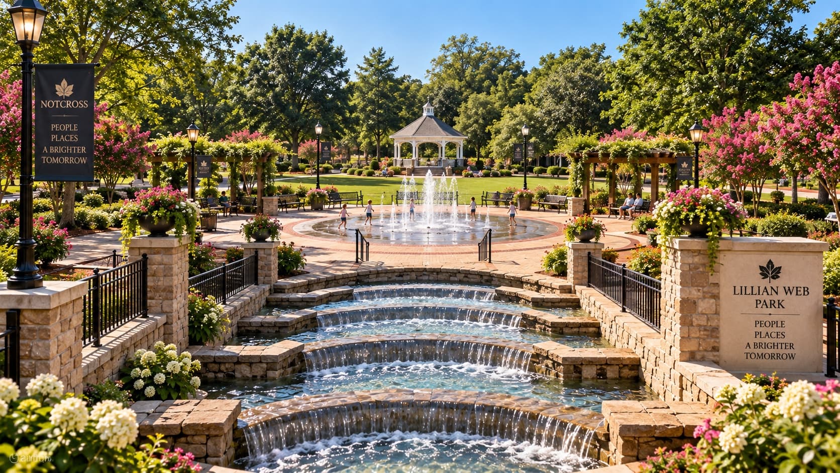 The stepped cascade at Lillian Web Park falling toward the plaza fountain, with the gazebo lawn beyond