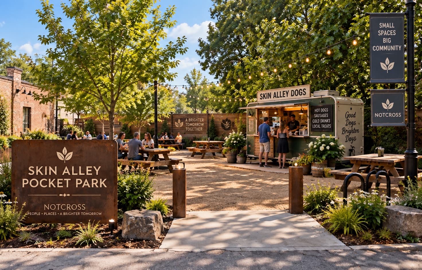Skin Alley Pocket Park with picnic tables under string lights and the Skin Alley Dogs trailer at the far end