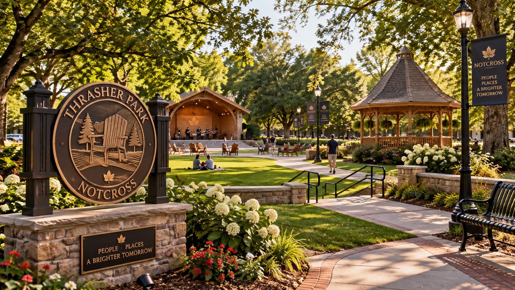 The Thrasher Park entrance medallion with the bandshell on the lawn behind it