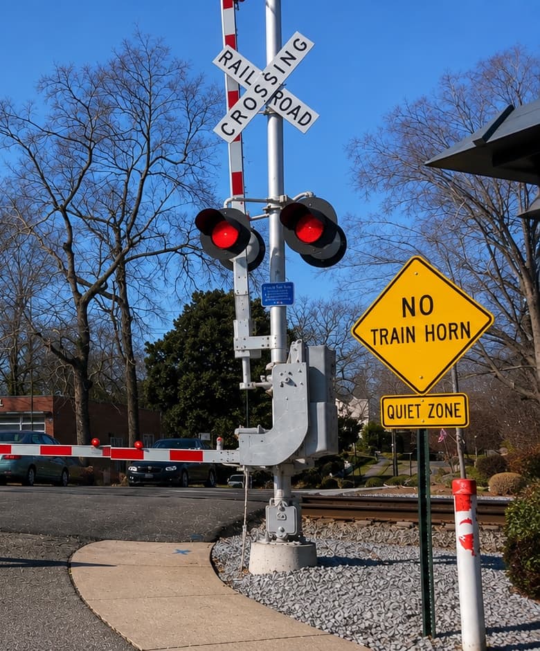 The upgraded Depot Street crossing with four-quadrant gates lowered and the NO TRAIN HORN sign in place