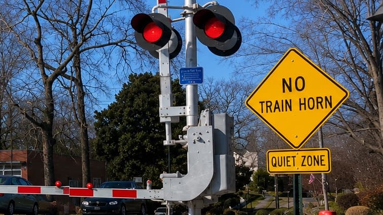 A railroad crossing signal with a yellow NO TRAIN HORN sign and a QUIET ZONE placard beneath it