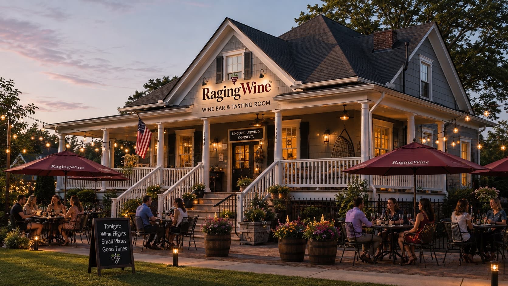 RagingWine of Notcross at dusk — the converted 1908 house with a lit wraparound porch, string lights and terrace tables facing the park