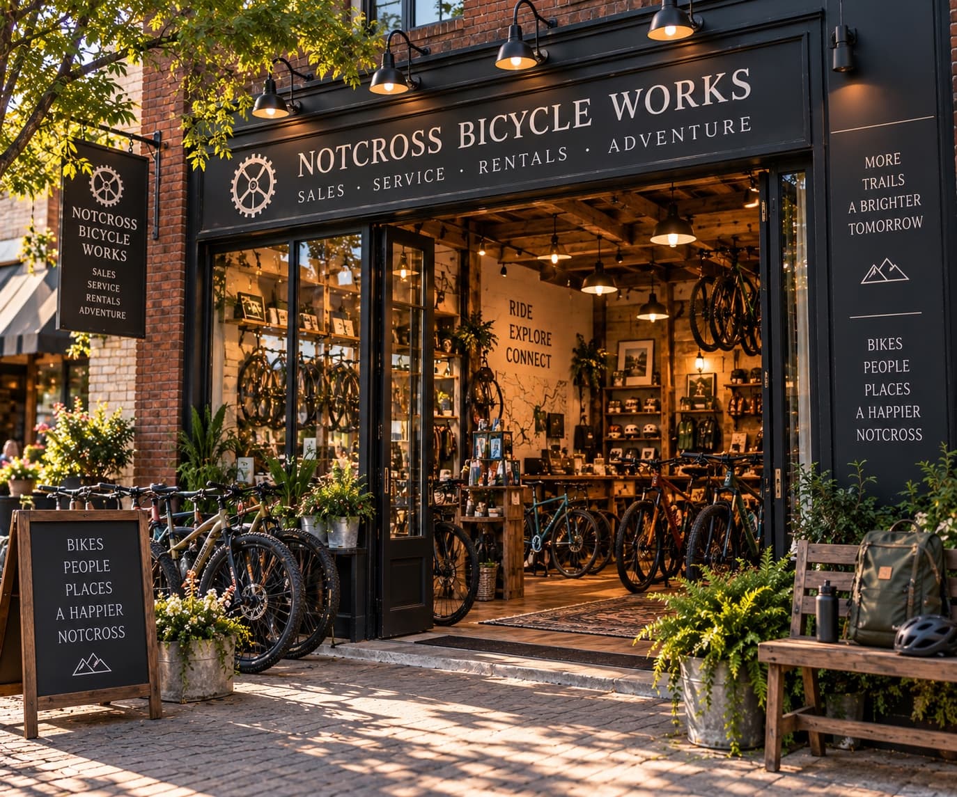 Notcross Bicycle Works, bikes lined up under the awning on a late-afternoon pavement