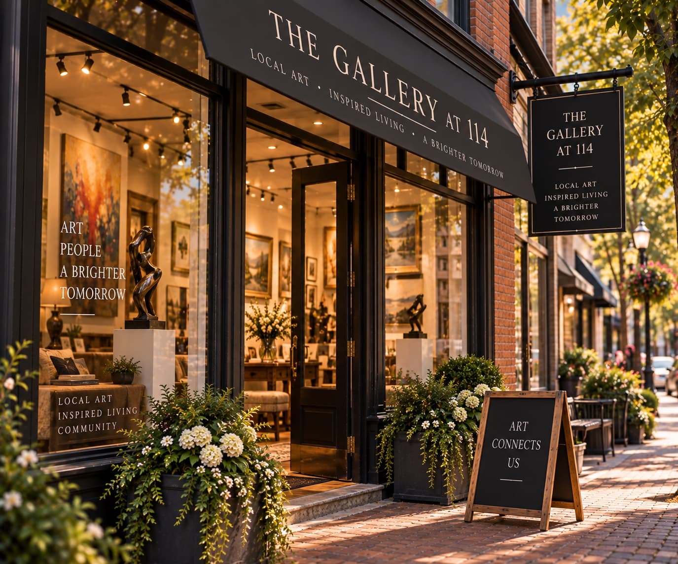 The Gallery at 114 on Skin Alley, its windows lit and paintings visible from the pavement