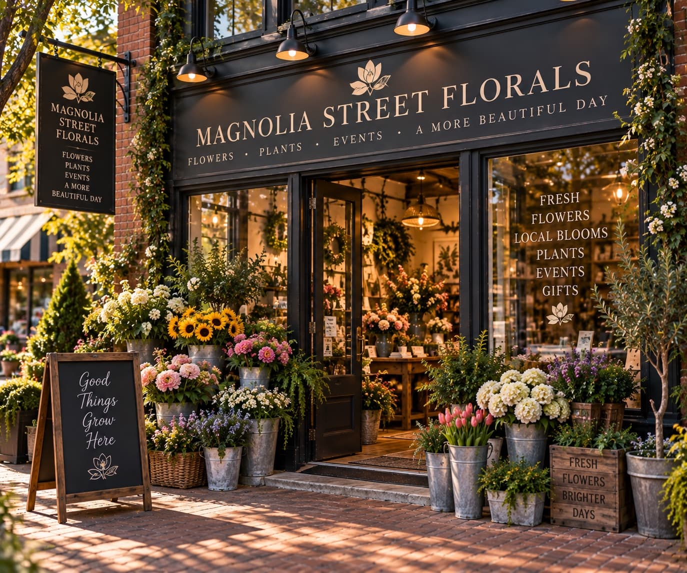 Magnolia Street Florals, galvanised buckets of cut flowers spilling across the pavement