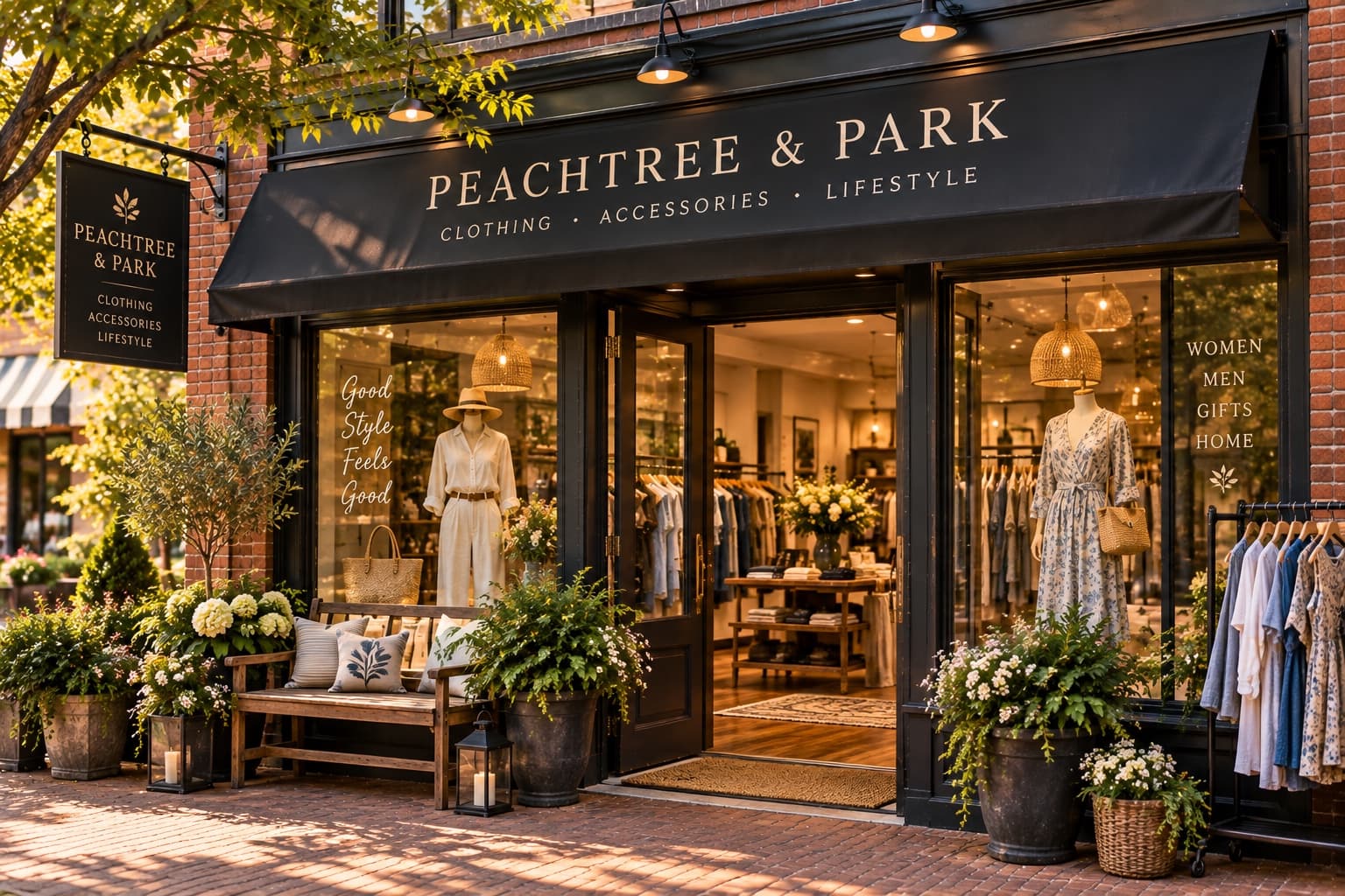 Peachtree & Park, the clothing boutique at the corner, with planters and a bench outside