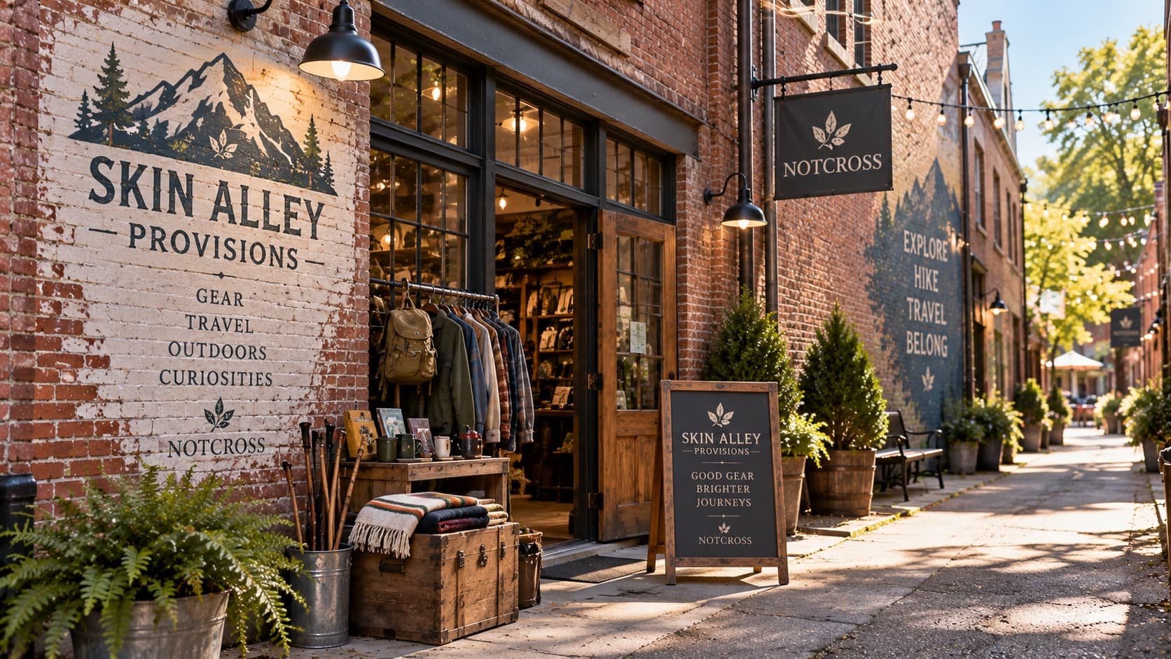Skin Alley Provisions, gear and jackets displayed outside a brick warehouse shopfront in the alley