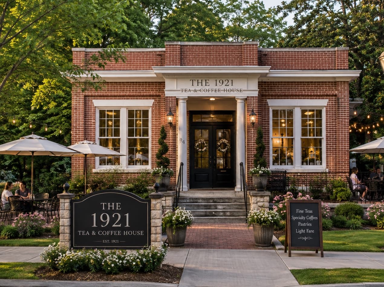 The restored 1921 Woman's Club, now The 1921 Tea & Coffee House, with a garden patio and umbrella tables