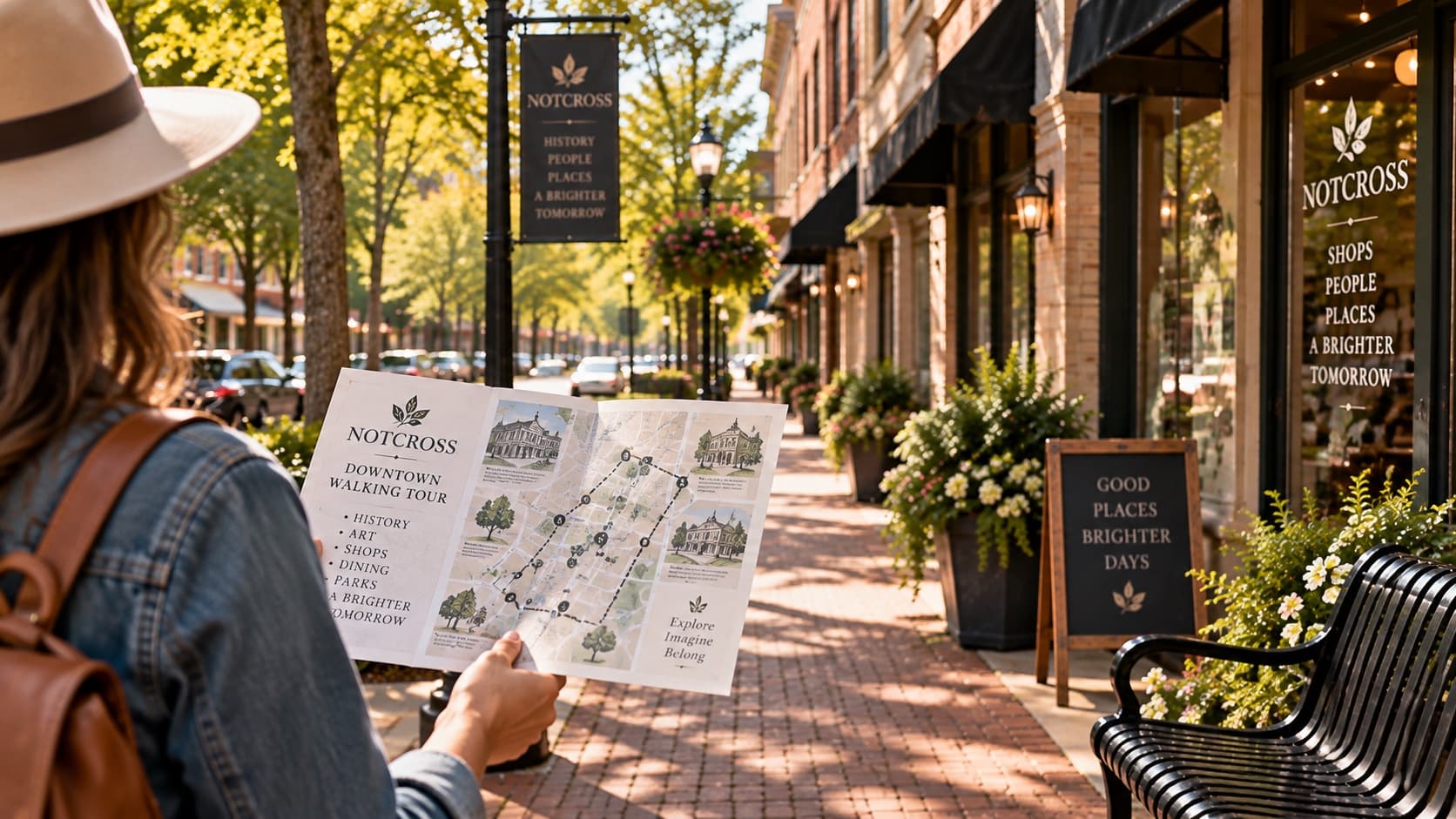 A visitor holding an open printed Notcross Downtown Walking Tour map on a brick pavement, storefronts ahead