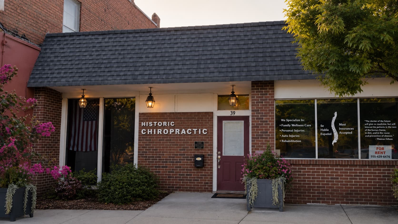 39 Depot Street as the chiropractic office, before conversion — brick storefront, shingled awning and a FOR RENT sign in the window