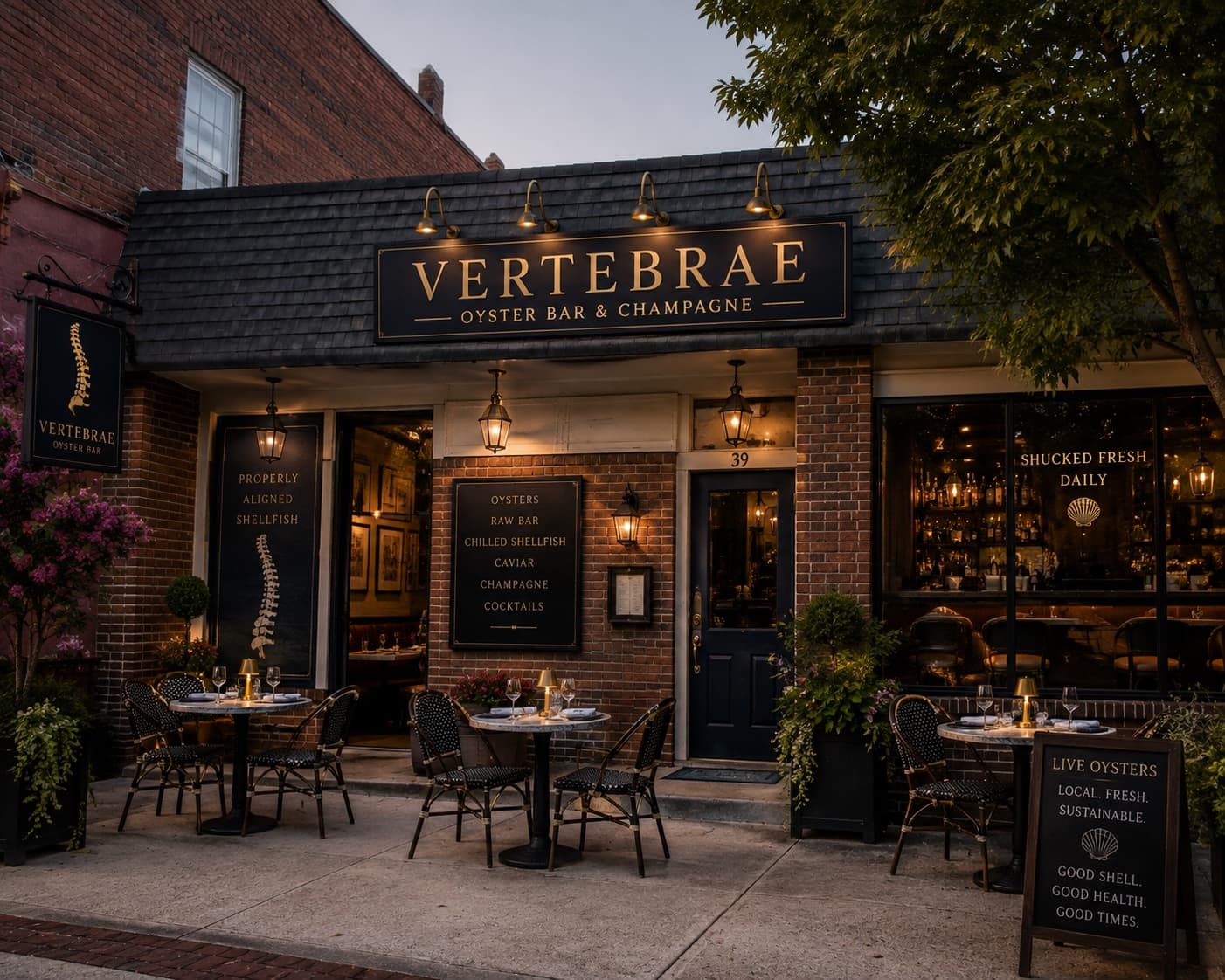 The Vertebrae storefront at dusk — dark painted trim, brass lighting, sidewalk tables and a warm interior visible through the glass