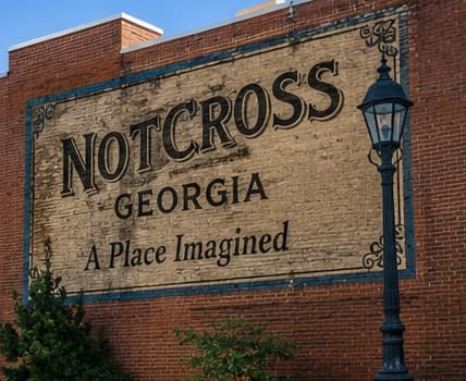 A painted brick wall sign reading Notcross, Georgia — A Place Imagined