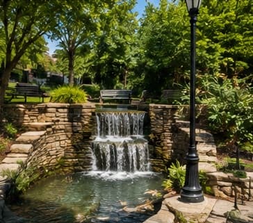 Water running over a stone cascade in a landscaped Notcross park
