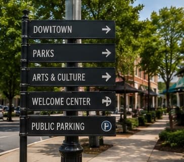 A downtown wayfinding sign whose bottom blade reads Public Parking